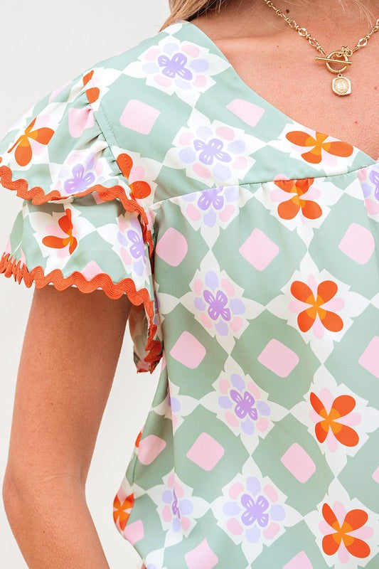 Mint & Orange Geo Ric Rac Top