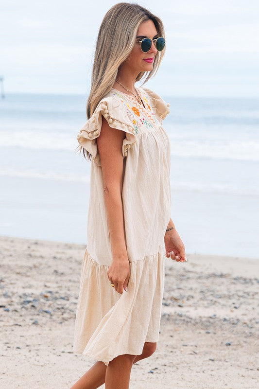 Cotton Embroidered Pom Trim Dress