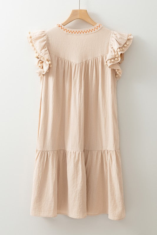 Cotton Embroidered Pom Trim Dress