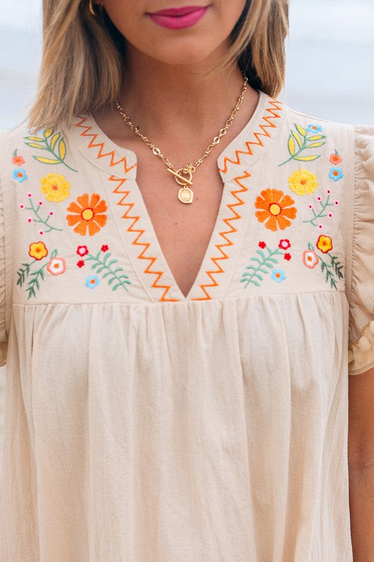 Cotton Embroidered Pom Trim Dress