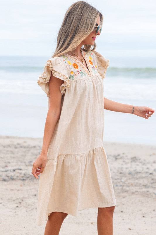 Cotton Embroidered Pom Trim Dress