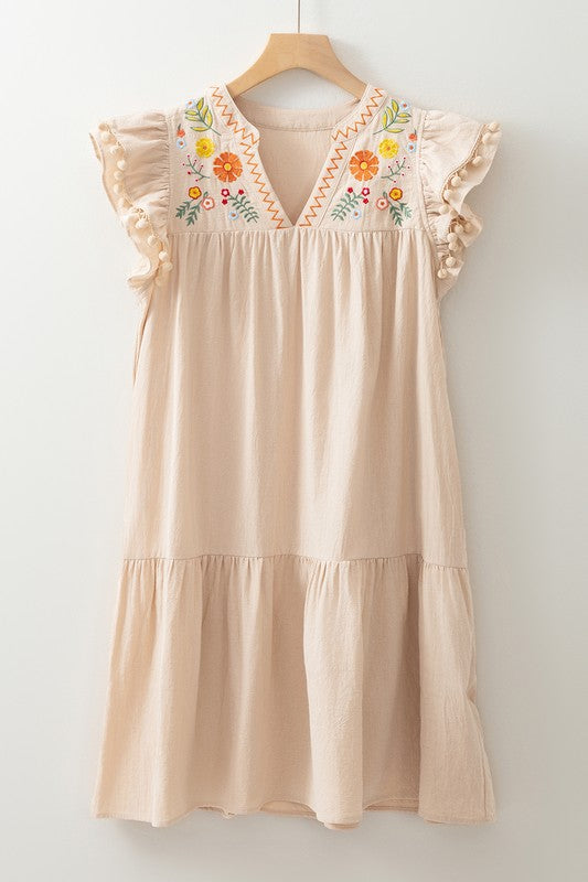 Cotton Embroidered Pom Trim Dress