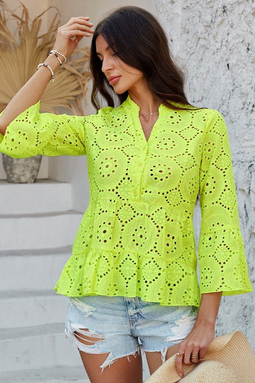 Notched Eyelet Blouse