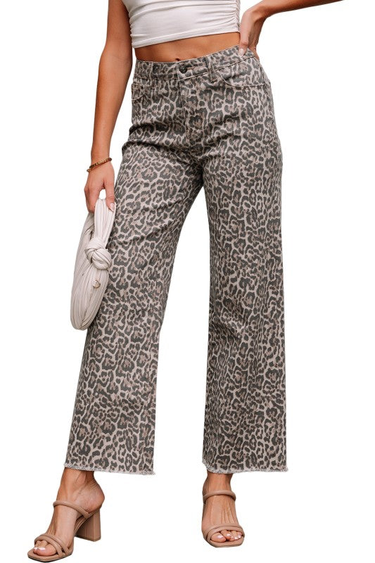 Leopard Fray High Waist Jeans