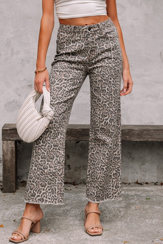 Leopard Fray High Waist Jeans