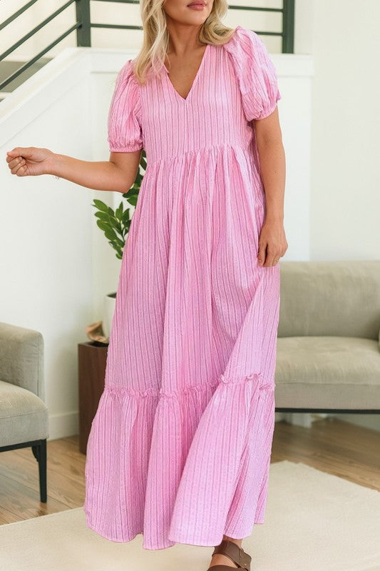 Pink Striped  Cotton Blend Dress