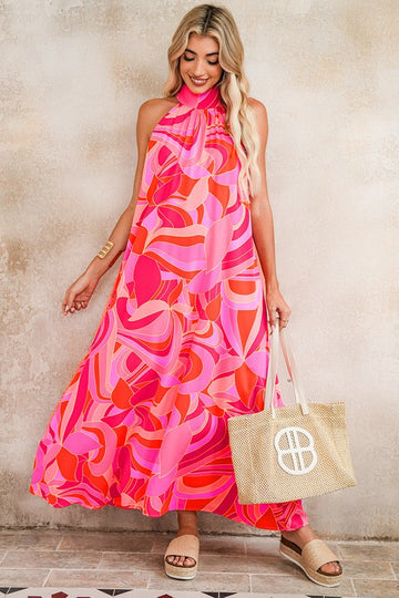 Abstract Floral High Neck Flow Dress