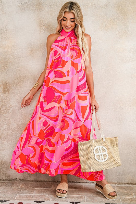 Abstract Floral High Neck Flow Dress