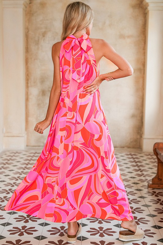Abstract Floral High Neck Flow Dress