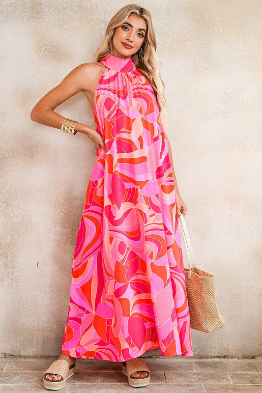Abstract Floral High Neck Flow Dress