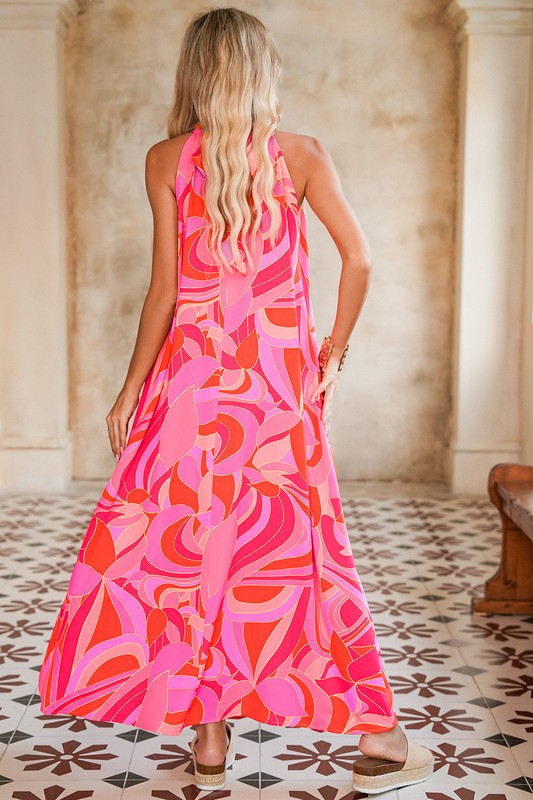 Abstract Floral High Neck Flow Dress