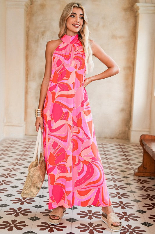 Abstract Floral High Neck Flow Dress