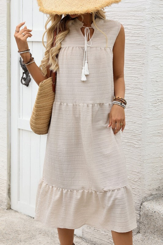 Tie Neck Texture Tiered Dress