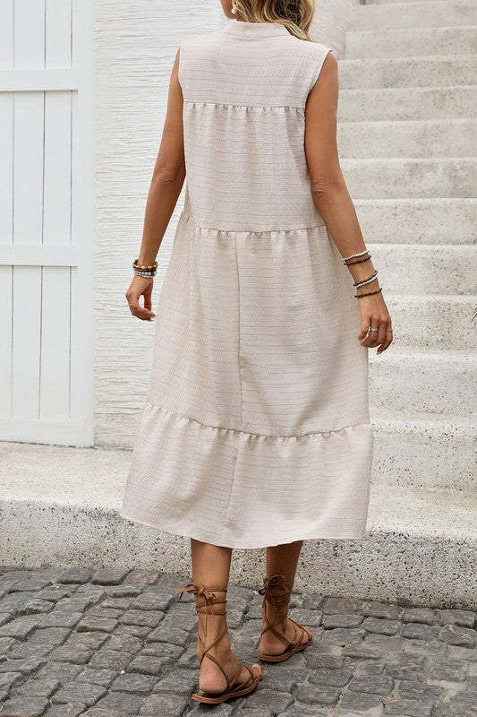 Tie Neck Texture Tiered Dress