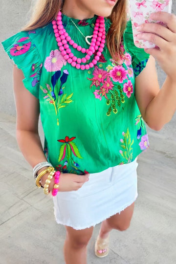Green Floral Print Flutter Sleeve Top