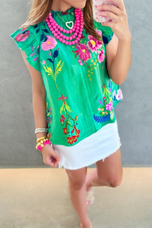 Green Floral Print Flutter Sleeve Top