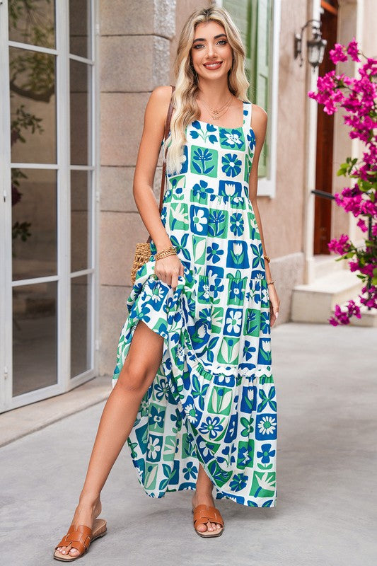 Blue Checkered & Floral Pocket Sun Dress