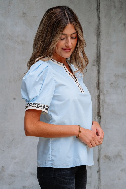 Blue Puff Sleeve Leopard Trim Top
