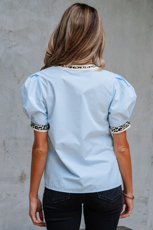 Blue Puff Sleeve Leopard Trim Top