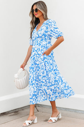Light Blue Floral Pocket Puff Dress