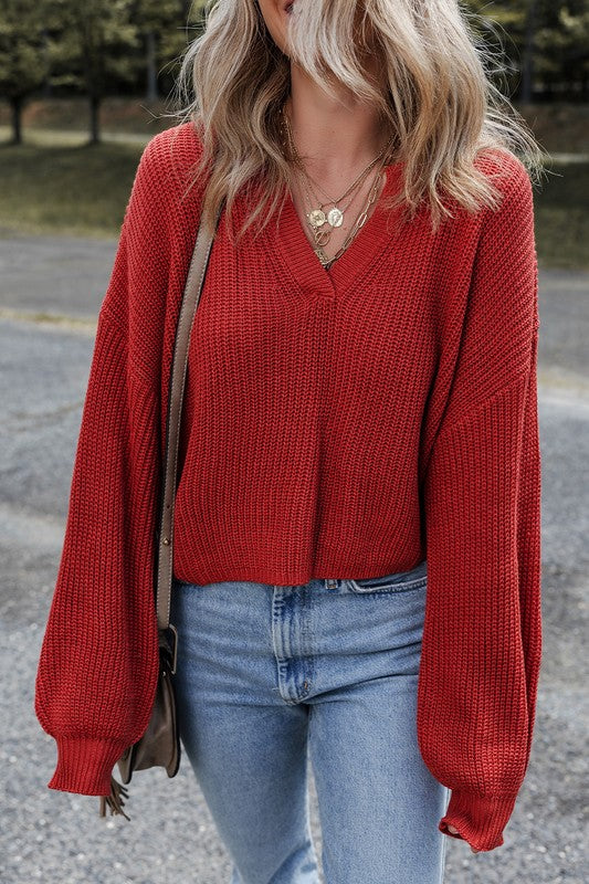 Red Knit Semi Crop Sweater Pullover