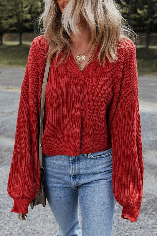 Red Knit Semi Crop Sweater Pullover