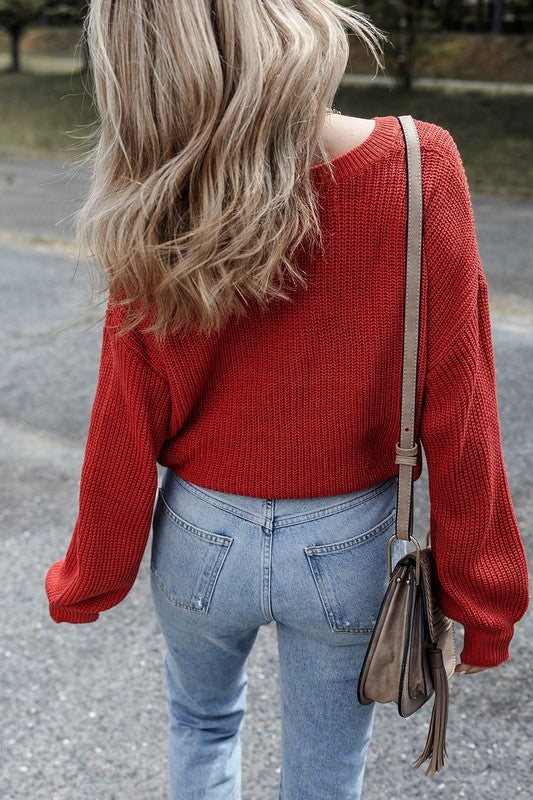 Red Knit Semi Crop Sweater Pullover