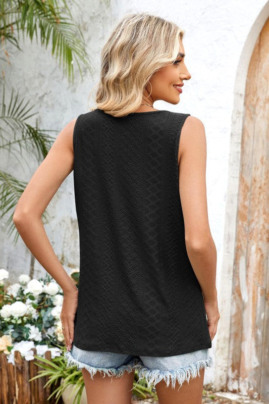 Pleated Black Eyelet Tank Top