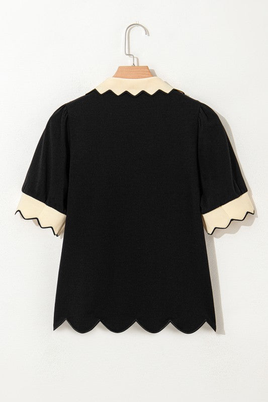 Knit Blend Black and Cream Scallop Trim Top