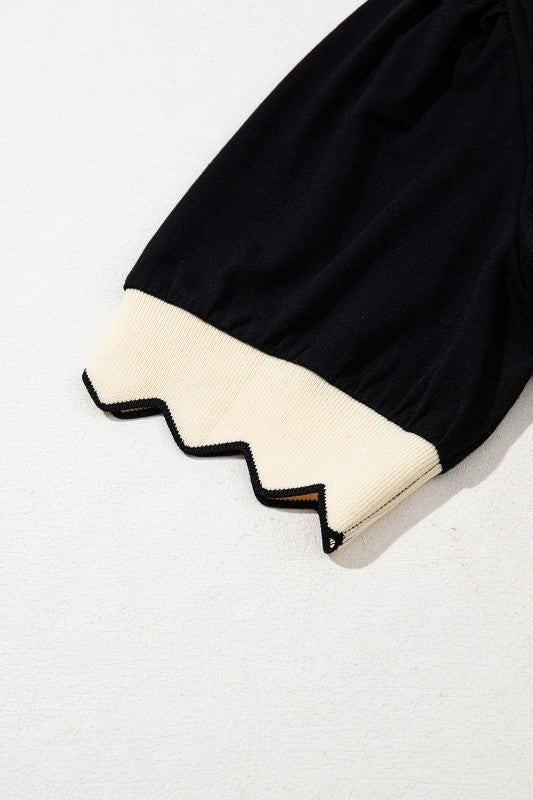 Knit Blend Black and Cream Scallop Trim Top