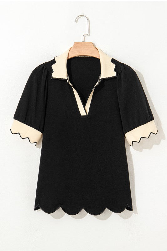 Knit Blend Black and Cream Scallop Trim Top