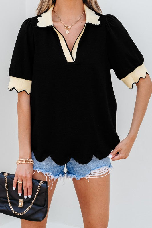 Knit Blend Black and Cream Scallop Trim Top