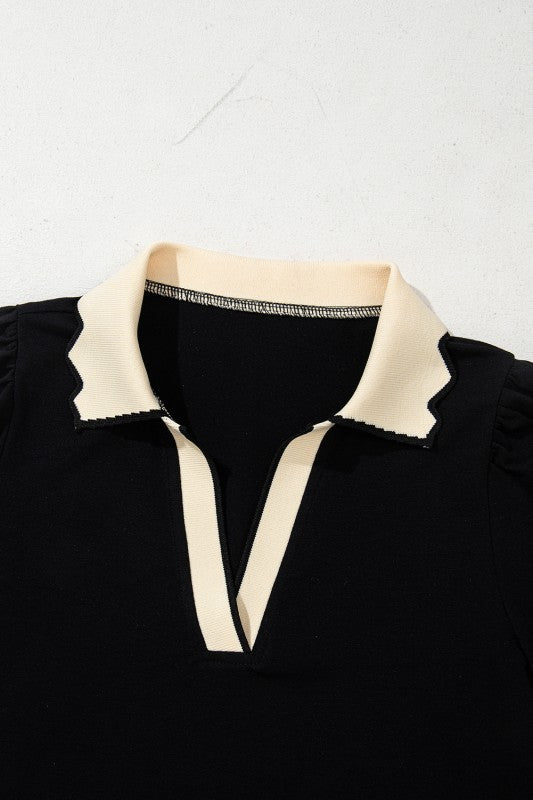 Knit Blend Black and Cream Scallop Trim Top