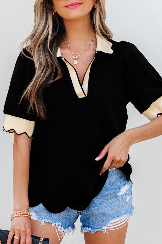 Knit Blend Black and Cream Scallop Trim Top