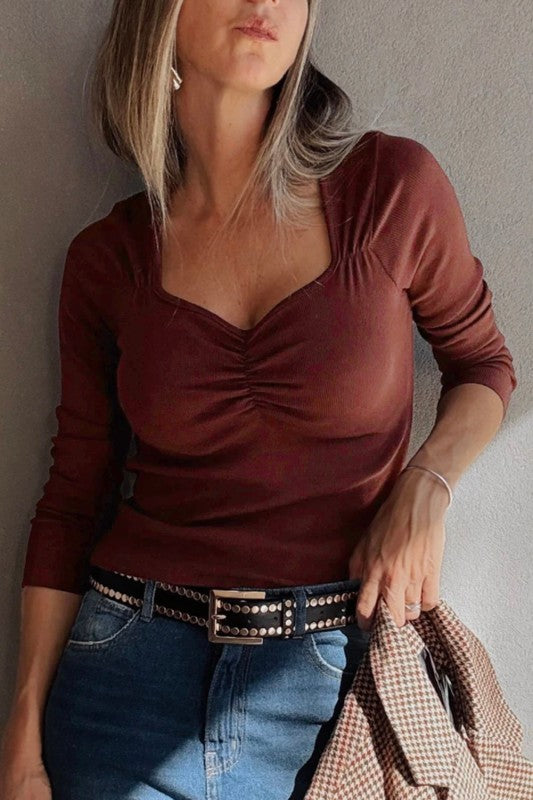 Ruched Ribbed Sweetheart Top