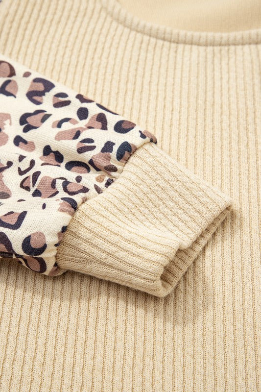 Ribbed & Leopard Sleeve Top - 2