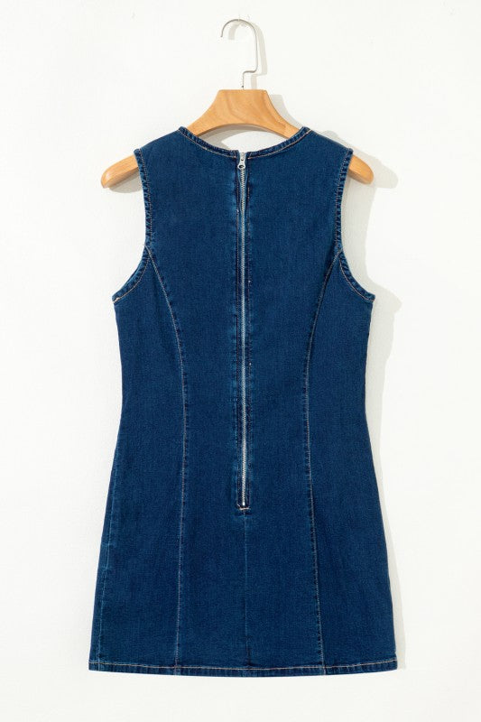 Denim Body Con Zipper Dress - 2