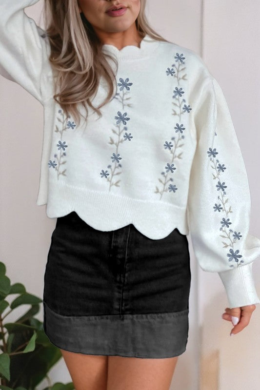 Scallop Embroidered Floral Sweater - 2