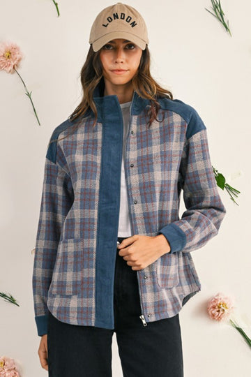 Plaid Corduroy Patch Snap Jacket