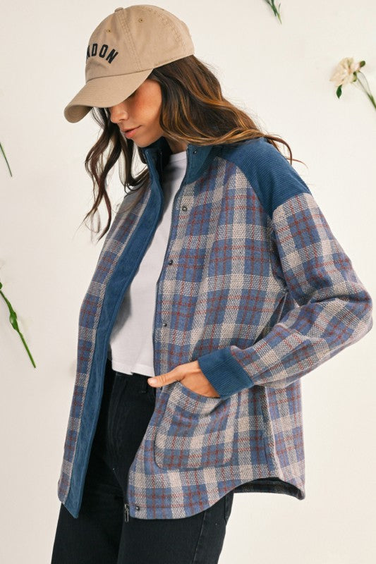 Plaid Corduroy Patch Snap Jacket