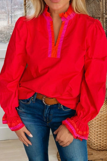 Red & Contrast Pink Ruffle Sleeve Top