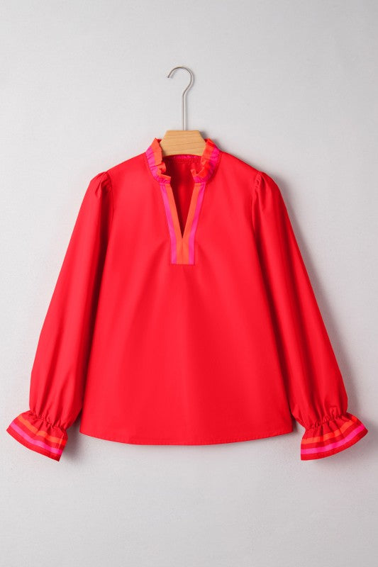 Red & Contrast Pink Ruffle Sleeve Top
