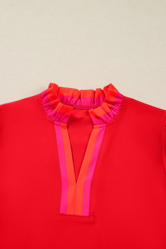 Red & Contrast Pink Ruffle Sleeve Top