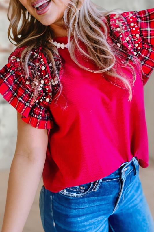 Plaid Pearl Sleeve Top