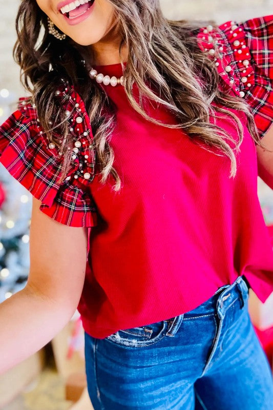 Plaid Pearl Sleeve Top