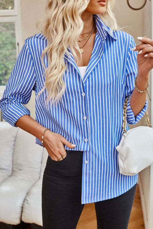 Blue Vertical Stripe Collar Button Down - 2