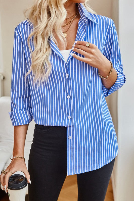 Blue Vertical Stripe Collar Button Down - 2