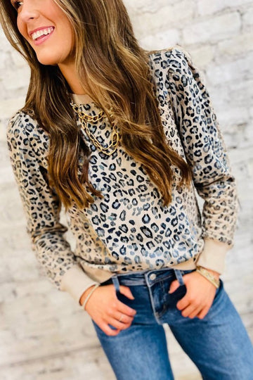 Ribbed Trim Leopard Print Top