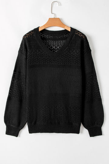 Hollow Out Long Sleeve V Neck Sweater