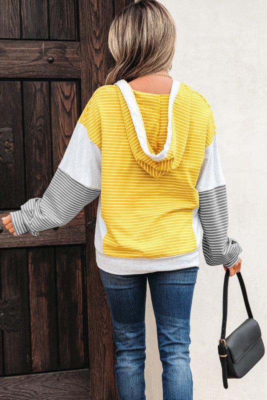 Color Block Striped Drawstring Hoodie